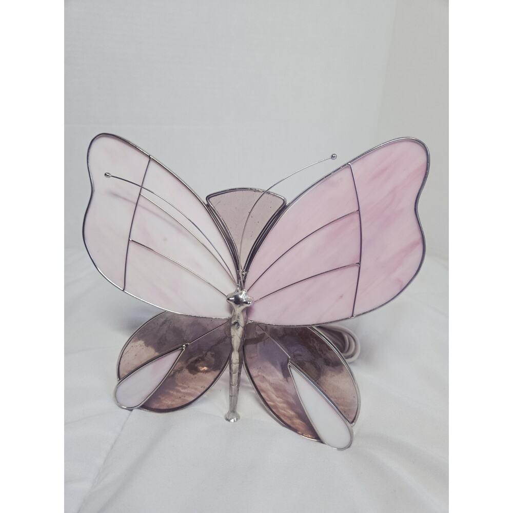Vtg Stained Glass Purple L Butterfly Night Light Works Stand Dragonfly Decor